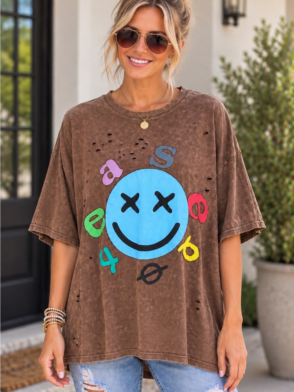 easel Brown Distressed Smiley Face Overdized Tee
